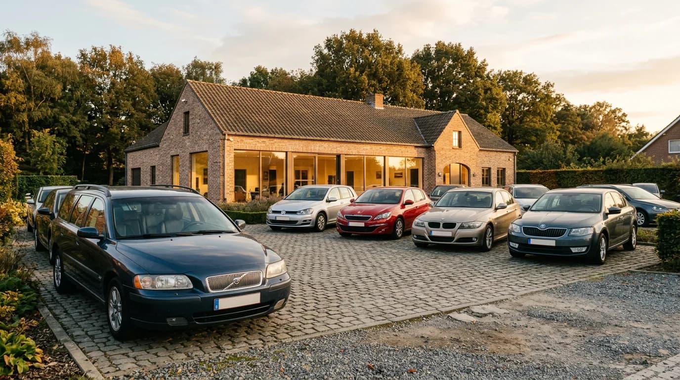 Hof eines belgischen Autohauses mit aufgereihten Gebrauchtwagen