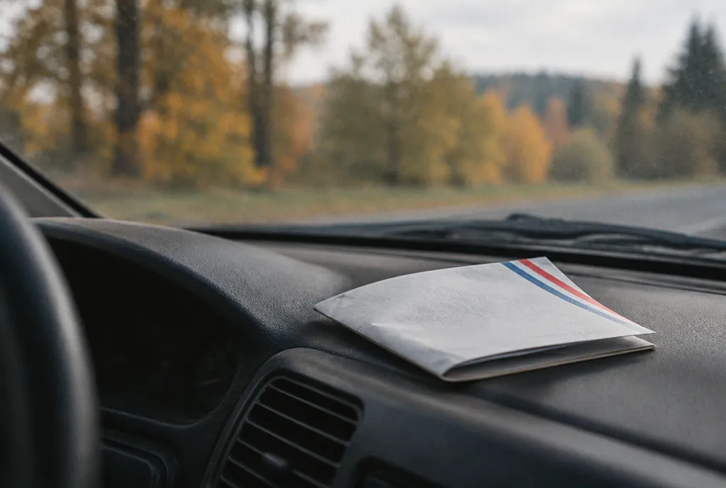 Un document posé sur le tableau de bord d’une voiture, lumière d’automne à travers le pare-brise