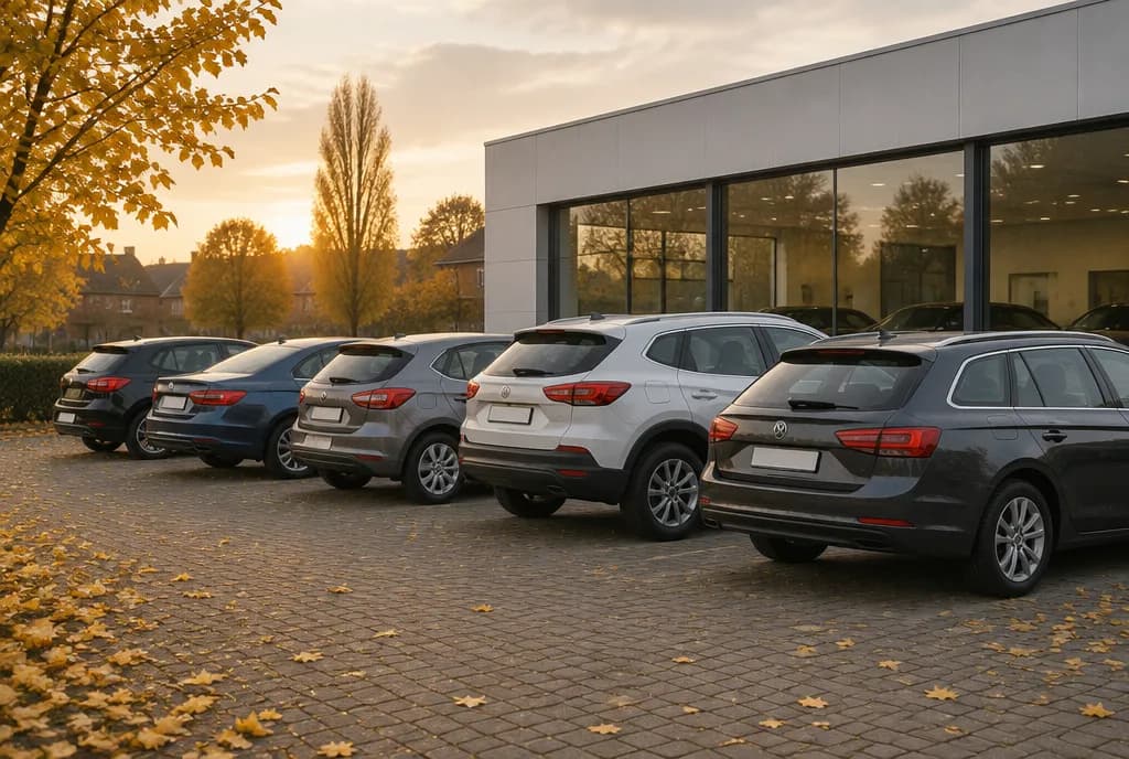 Rangée de voitures d’occasion devant un garage indépendant, lumière d’automne