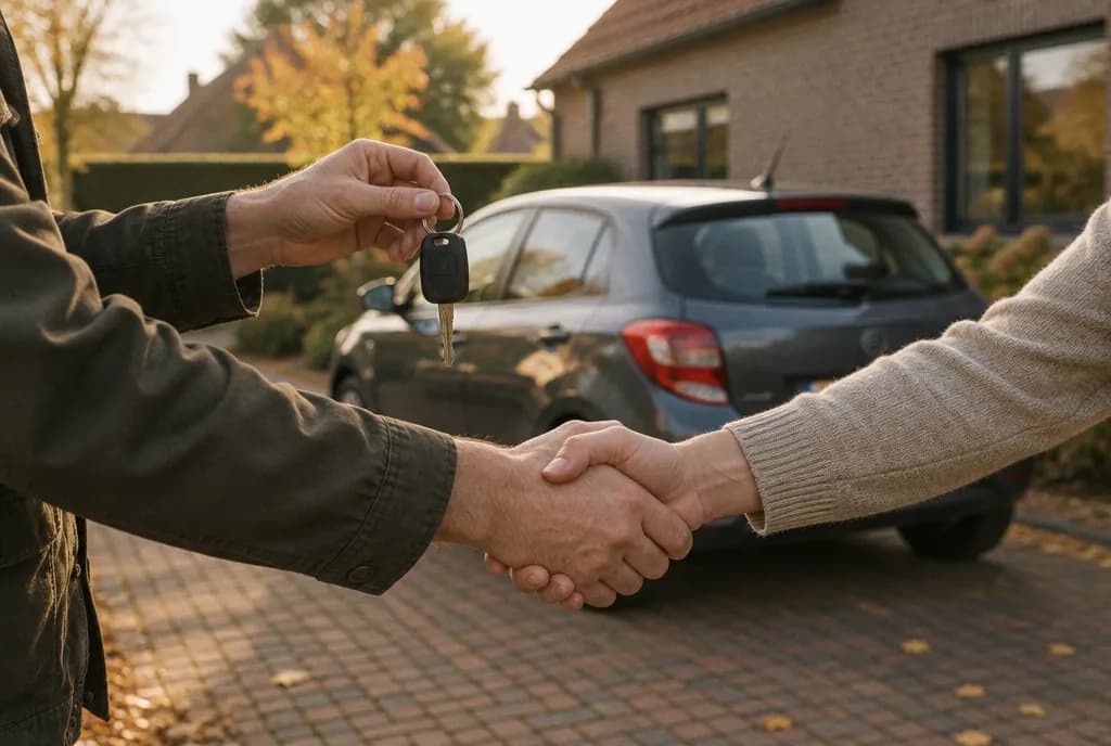 Poignée de main au-dessus de clés de voiture, devant une maison en Flandre