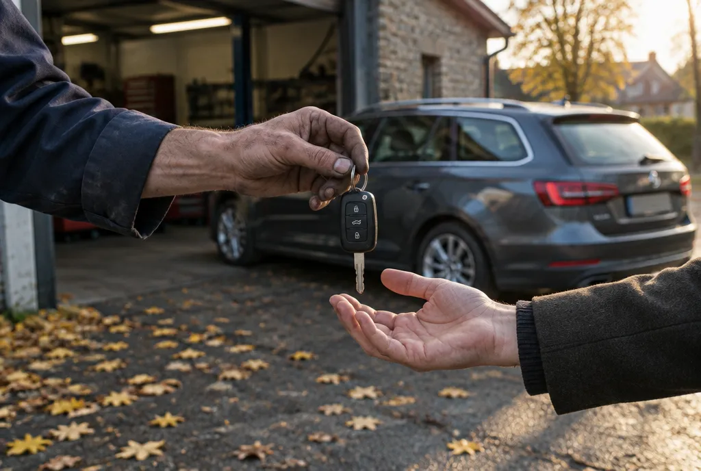 Remise de clés devant la porte d’un garage