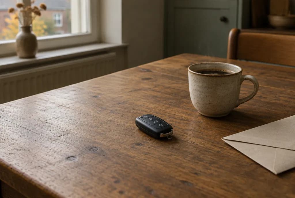 Une clé de voiture posée sur une table de cuisine en bois, à côté d’une tasse de café