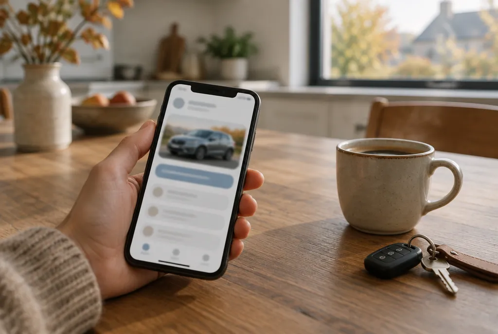 Main tenant un téléphone qui affiche un formulaire d’annonce, dans une cuisine