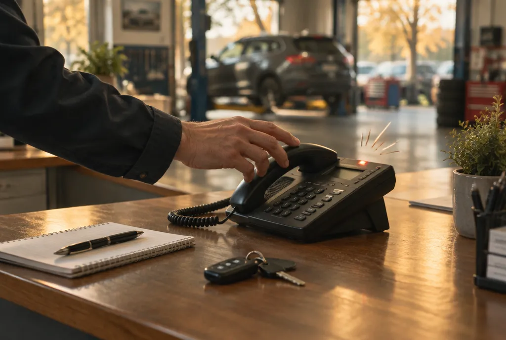 Main qui décroche un téléphone au comptoir d’un garage