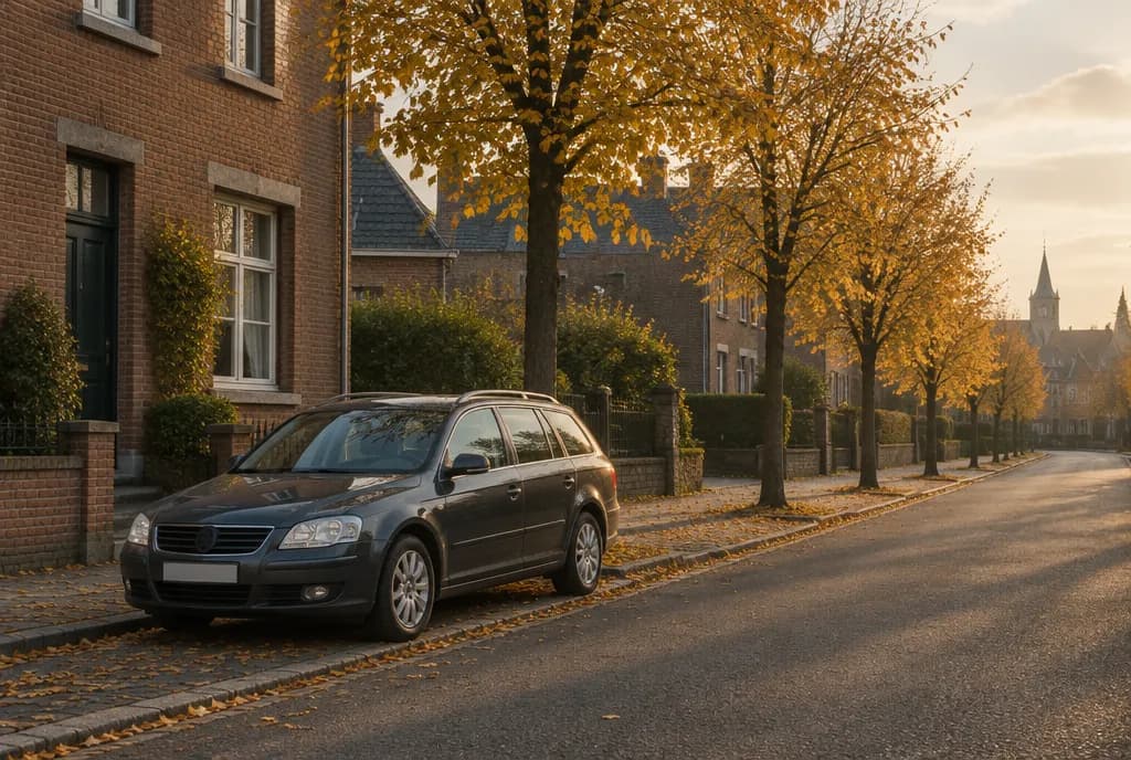 Rue calme d’une ville belge, une voiture familiale garée dans la lumière d’automne