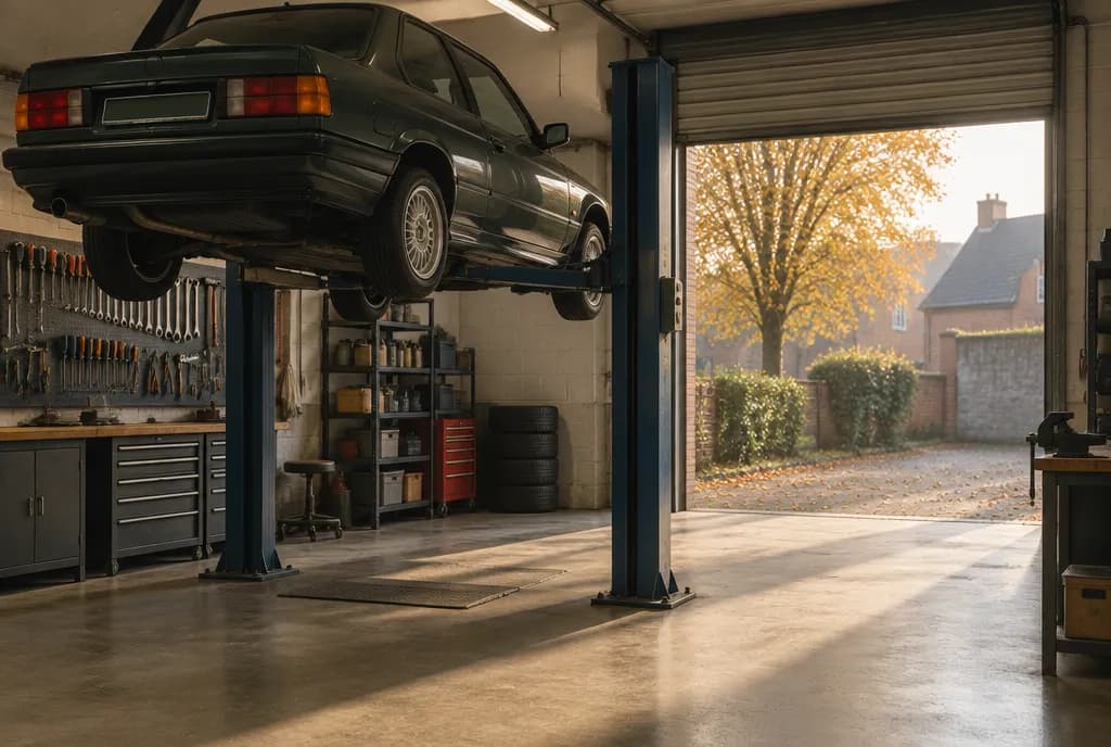Atelier d’un garage indépendant, une voiture sur le pont, lumière d’automne
